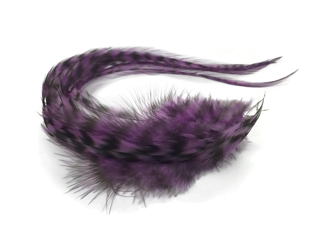 6 Pieces - Plum Grizzly Thick Long Rooster Hair Extension Feathers