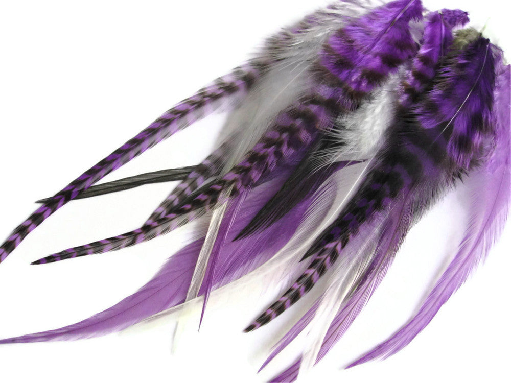 2 Dozen - Short Purple Mix Grizzly Rooster Hackle Hair Extension Feathers