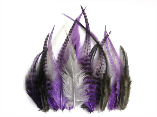 2 Dozen - Short Purple Mix Grizzly Rooster Hackle Hair Extension Feathers