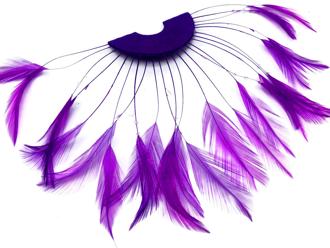 1 Piece - Purple Half Beaded Pinwheel Stripped Rooster Hackle Feather Pads