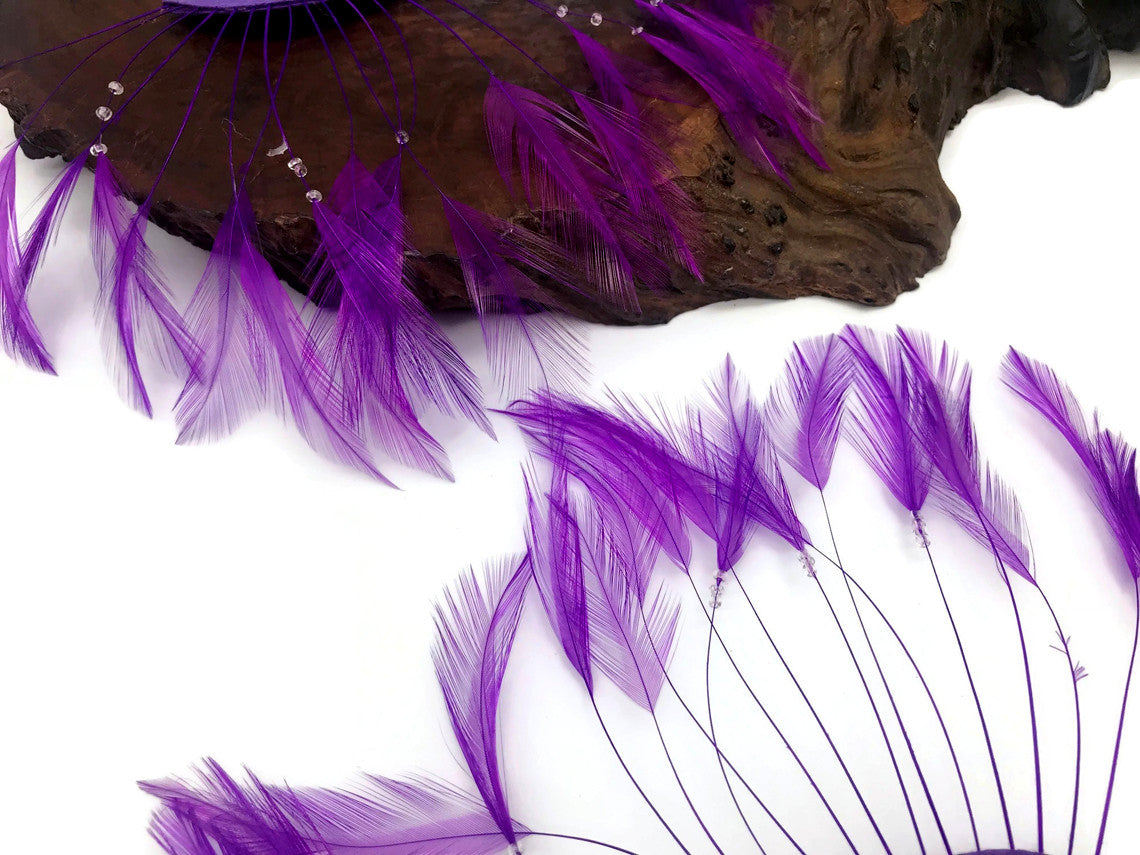 1 Piece - Purple Half Beaded Pinwheel Stripped Rooster Hackle Feather Pads