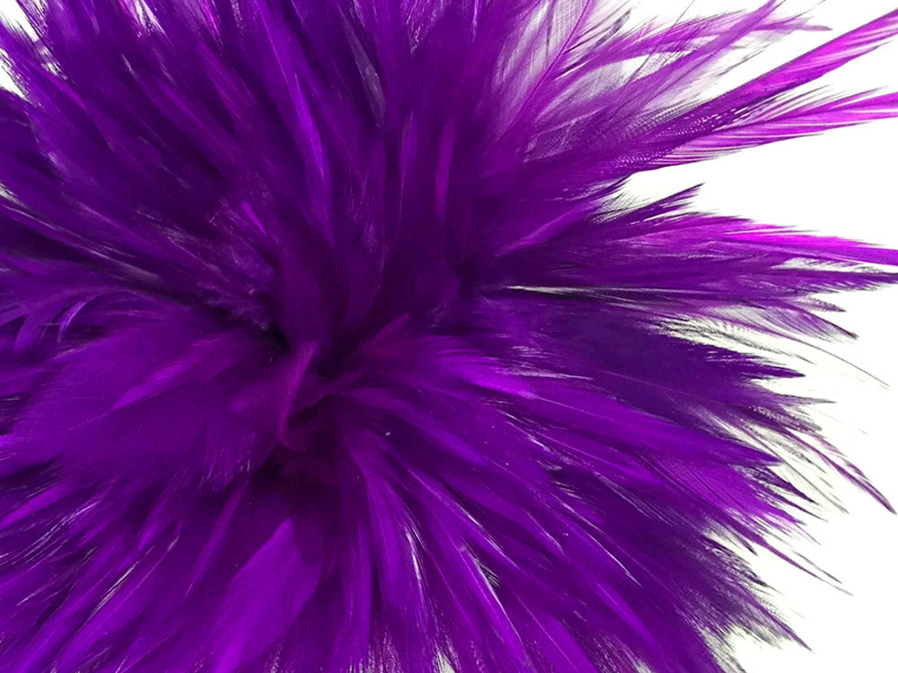 4 Inch Strip – 4-6” Dyed Purple Strung Chinese Rooster Saddle Feathers 