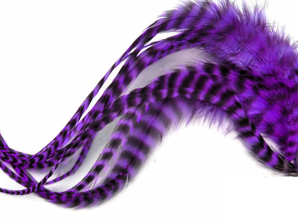 6 Pieces - Purple Thick Long Grizzly Rooster Hair Extension Feathers