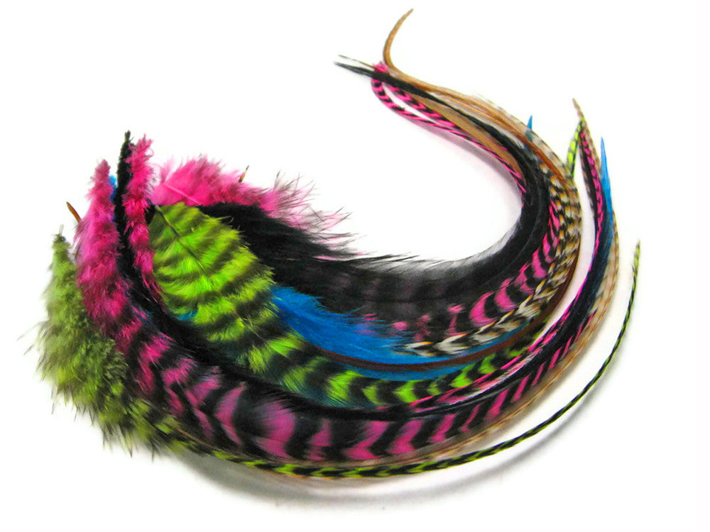 10 Pieces - Rainbow Combo Mix Long Rooster Hair Extension Feathers