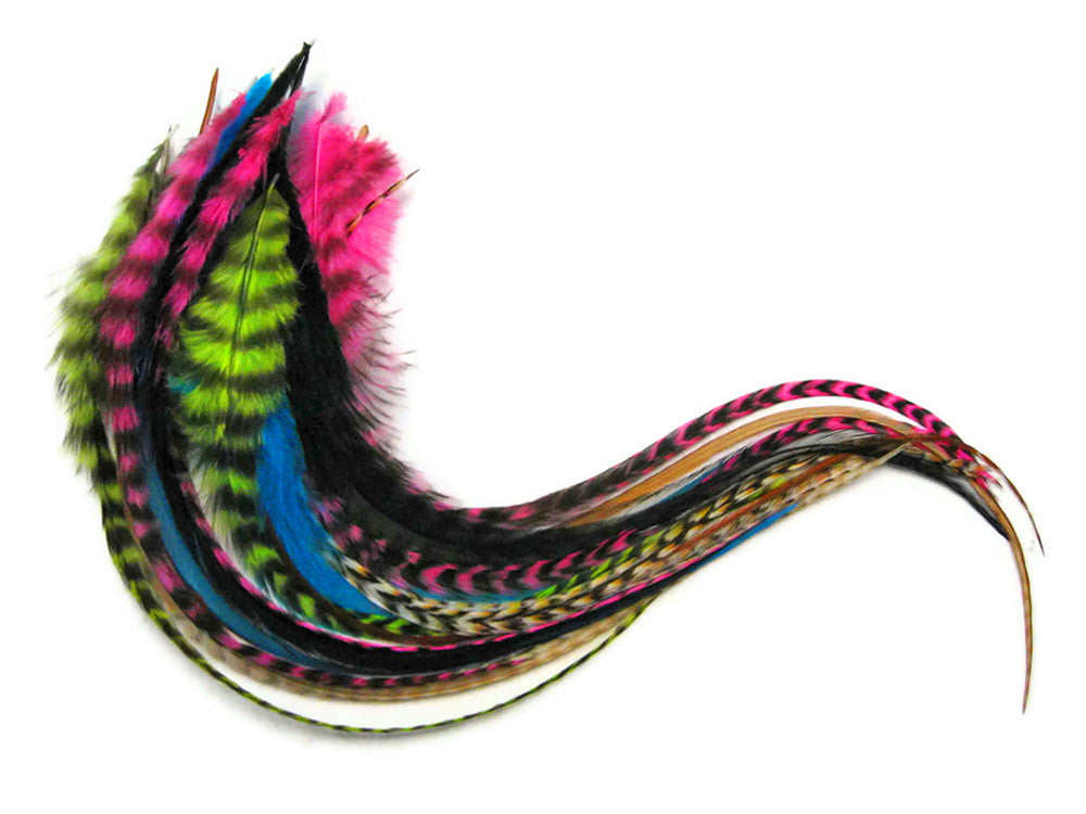 10 Pieces - Rainbow Combo Mix Long Rooster Hair Extension Feathers