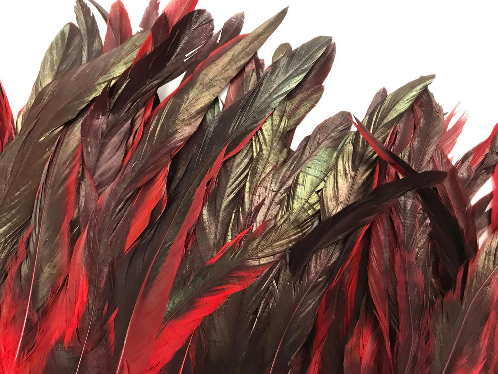 1 Yard - 10-12" Red Dyed Over Natural Coque Tails Long Feather Trim (Bulk)