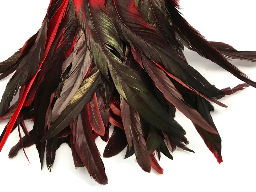 1 Yard - 10-12" Red Dyed Over Natural Coque Tails Long Feather Trim (Bulk)