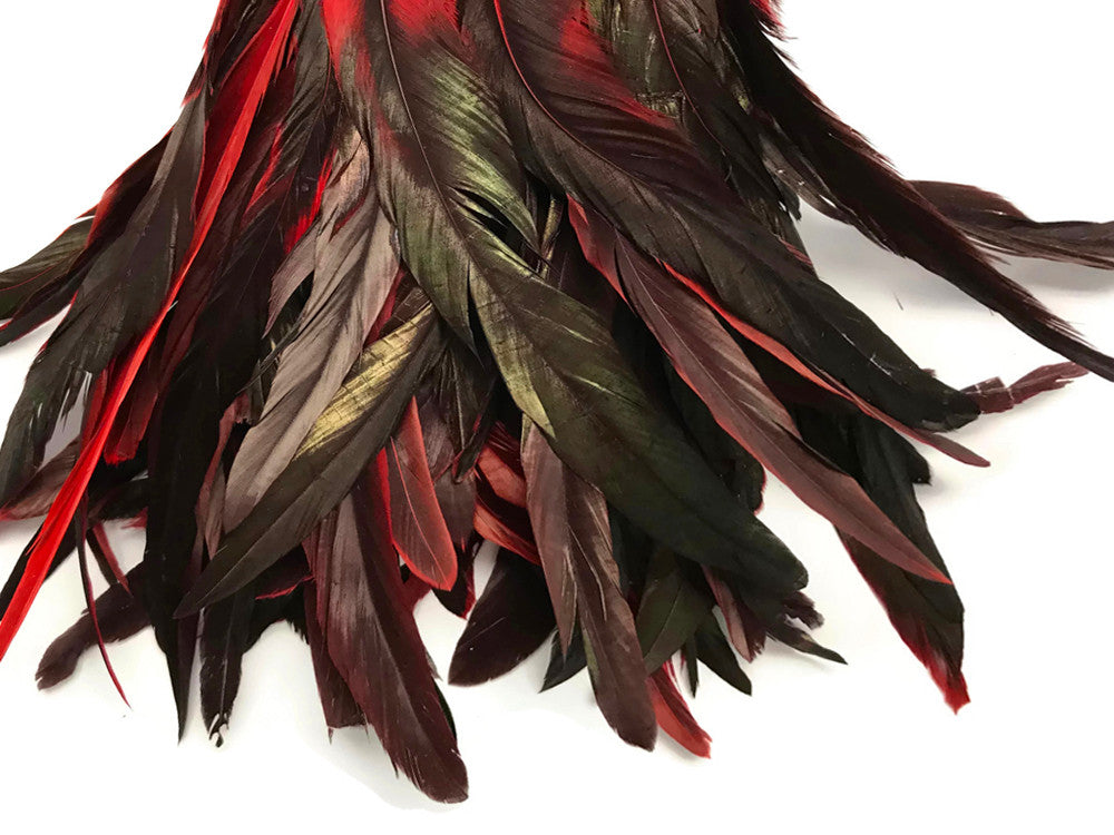 1 Yard - 10-12" Red Dyed Over Natural Coque Tails Long Feather Trim (Bulk)