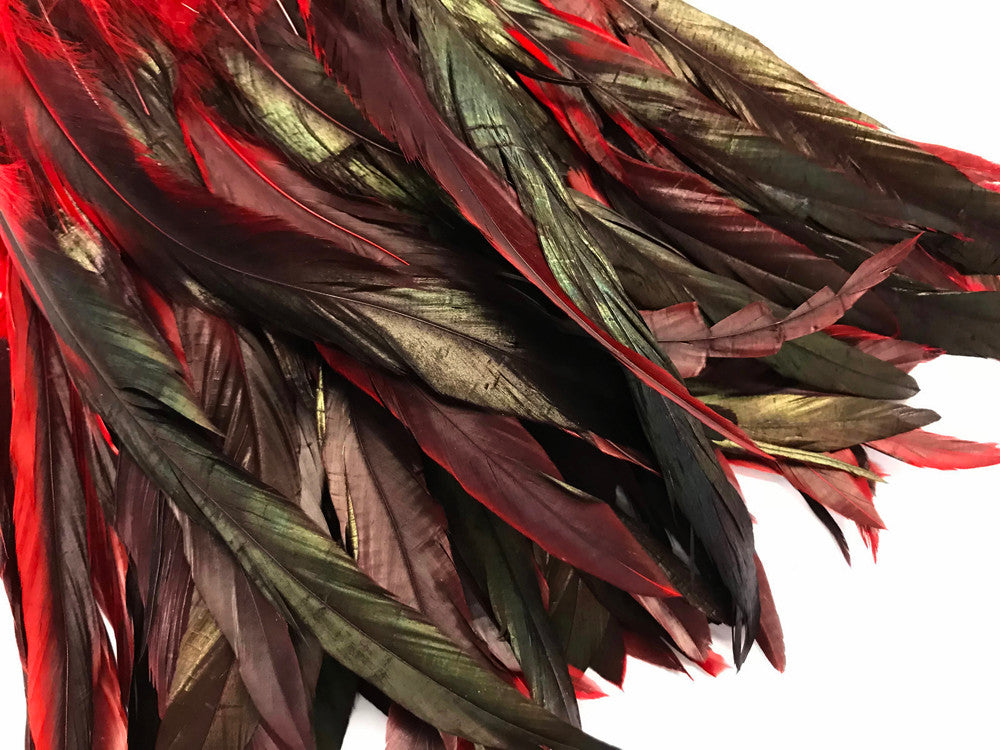1 Yard - 10-12" Red Dyed Over Natural Coque Tails Long Feather Trim (Bulk)