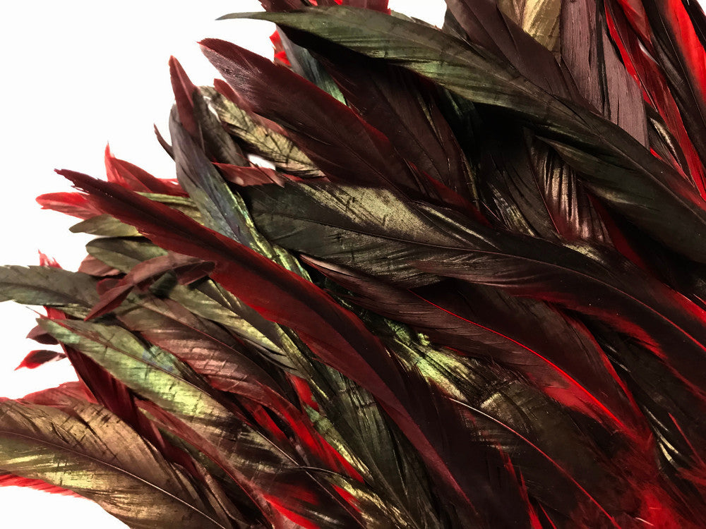 1 Yard - 10-12" Red Dyed Over Natural Coque Tails Long Feather Trim (Bulk)