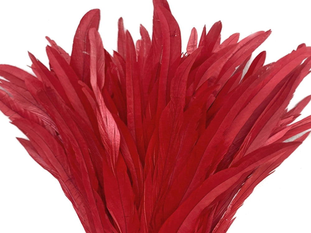 2.5 Inch Strip - 14-16" Red Strung Natural Bleach & Dyed Coque Tails Feathers