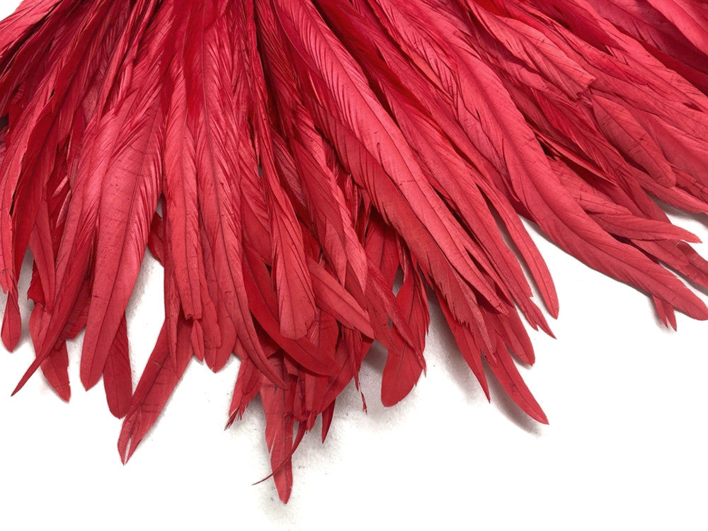 2.5 Inch Strip - 14-16" Red Strung Natural Bleach & Dyed Coque Tails Feathers