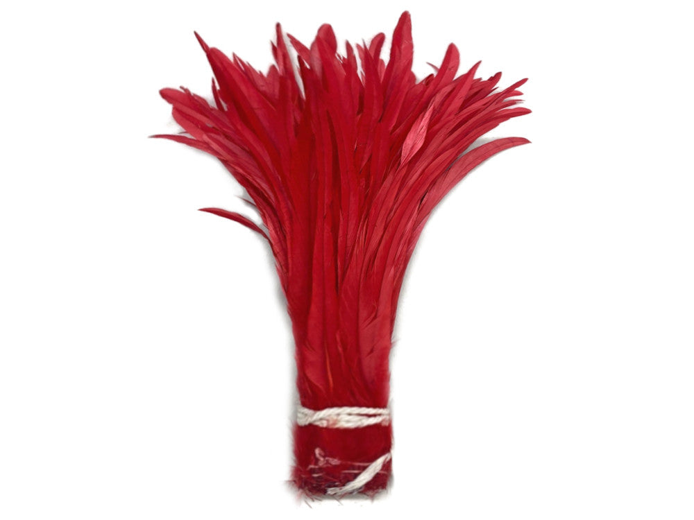 2.5 Inch Strip - 14-16" Red Strung Natural Bleach & Dyed Coque Tails Feathers