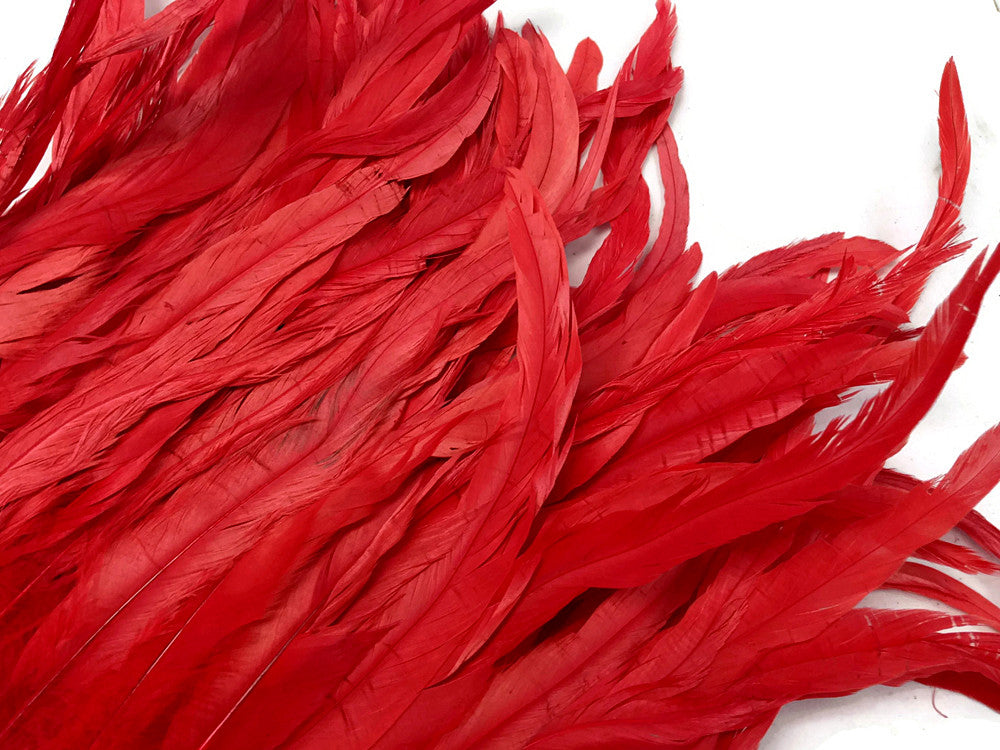 1 Yard - 10-12" Red Bleach & Dyed Coque Tails Long Feather Trim (Bulk)