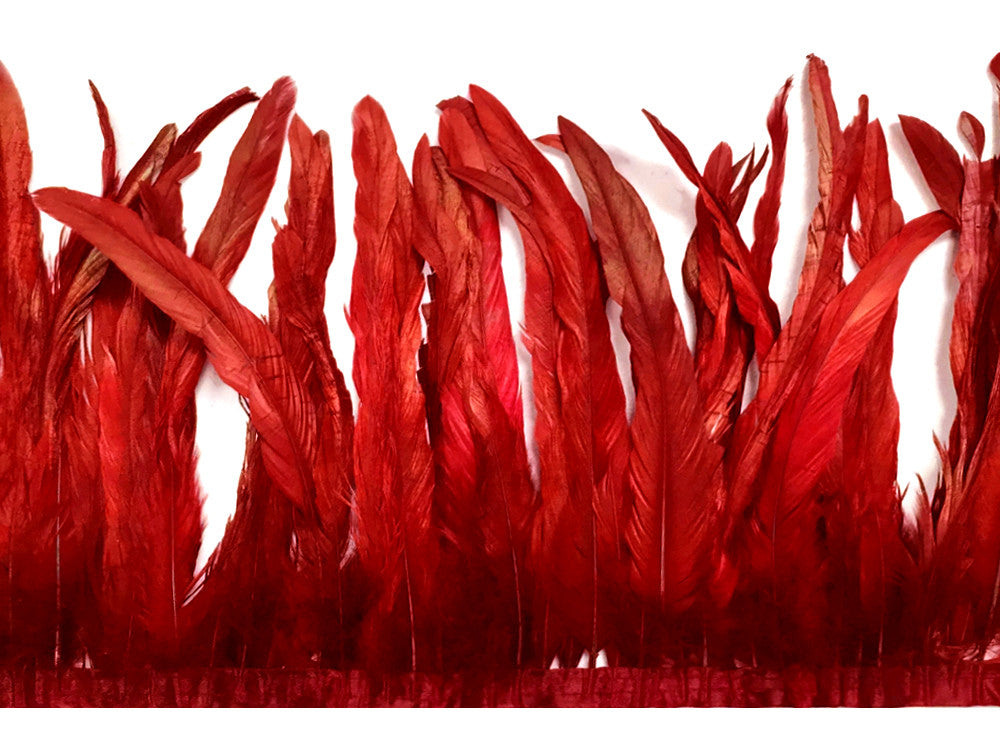 1 Yard - 10-12" Red Bleach & Dyed Coque Tails Long Feather Trim (Bulk)