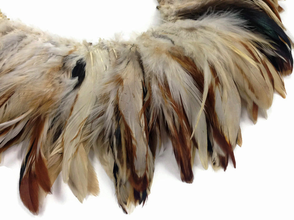 4 Inch Strip - Natural Cream & Red Strung Rooster Schlappen Feathers