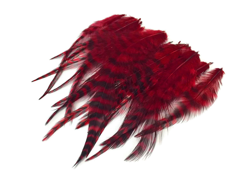 1 Dozen - Short Red Grizzly Rooster Hair Extension Feathers