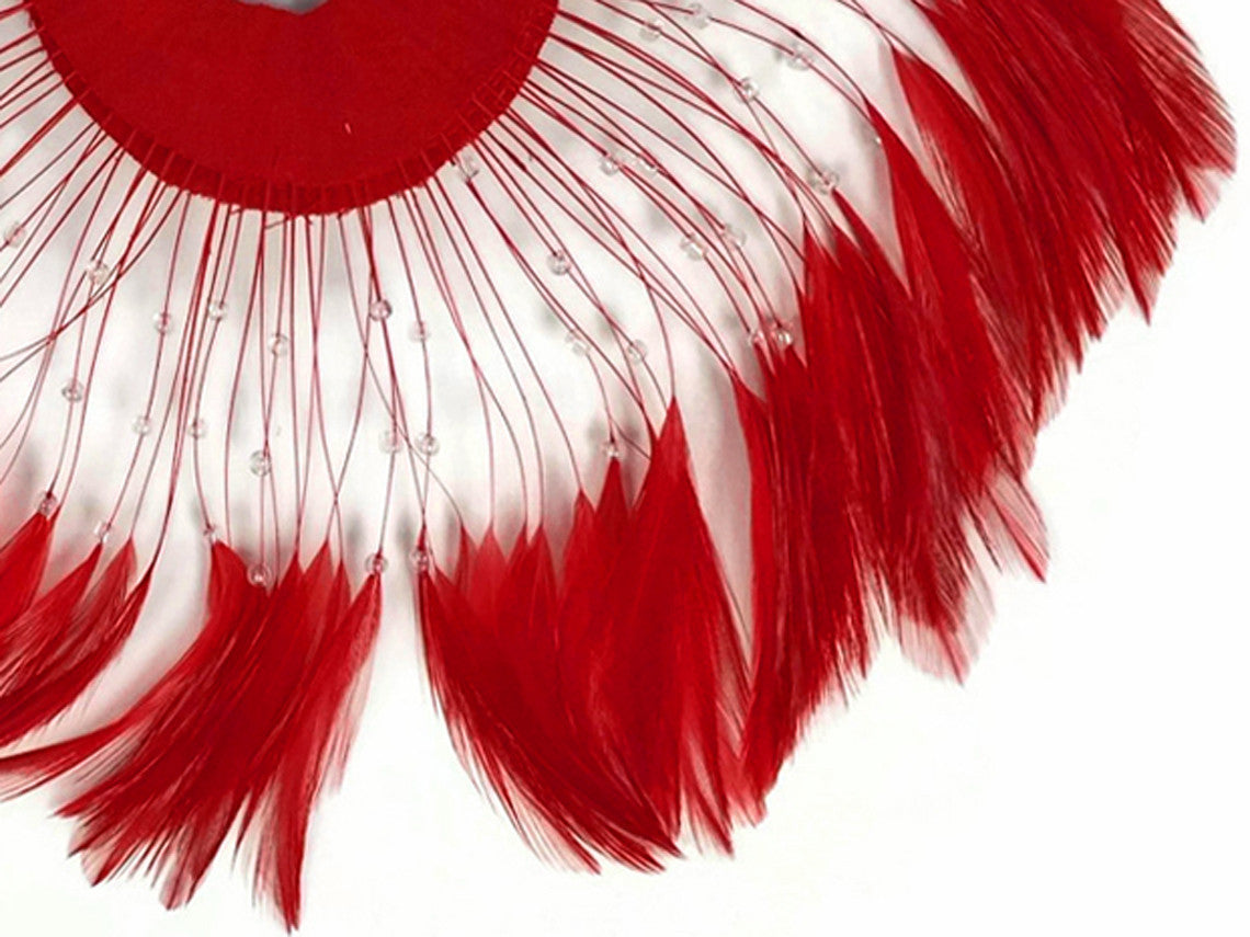 1 Piece - Red Half Beaded Pinwheel Stripped Rooster Hackle Feather Pads