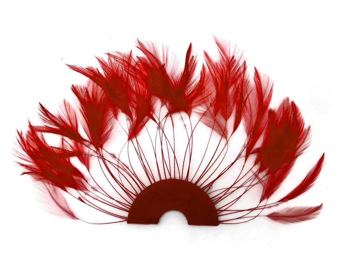 1 Piece - Red Half Beaded Pinwheel Stripped Rooster Hackle Feather Pads