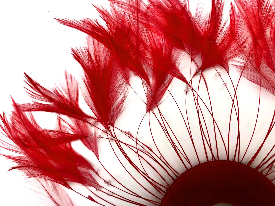 1 Piece - Red Half Beaded Pinwheel Stripped Rooster Hackle Feather Pads