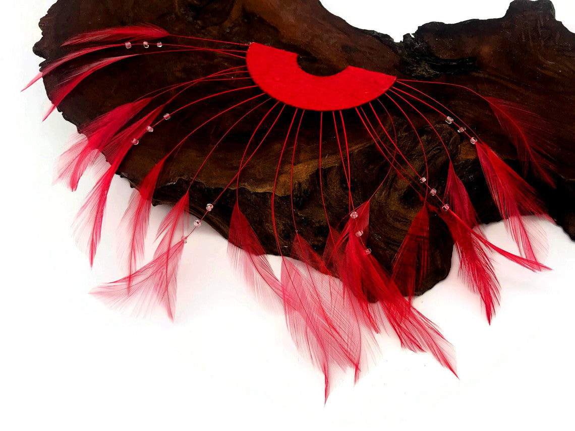 1 Piece - Red Half Beaded Pinwheel Stripped Rooster Hackle Feather Pads