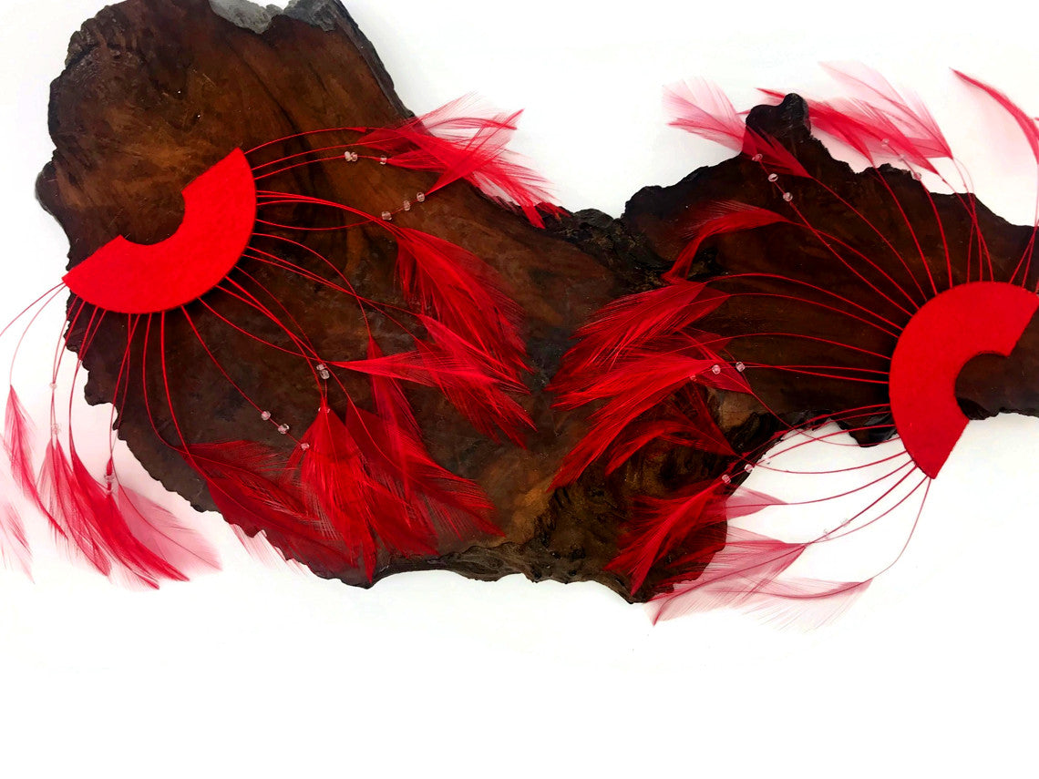 1 Piece - Red Half Beaded Pinwheel Stripped Rooster Hackle Feather Pads