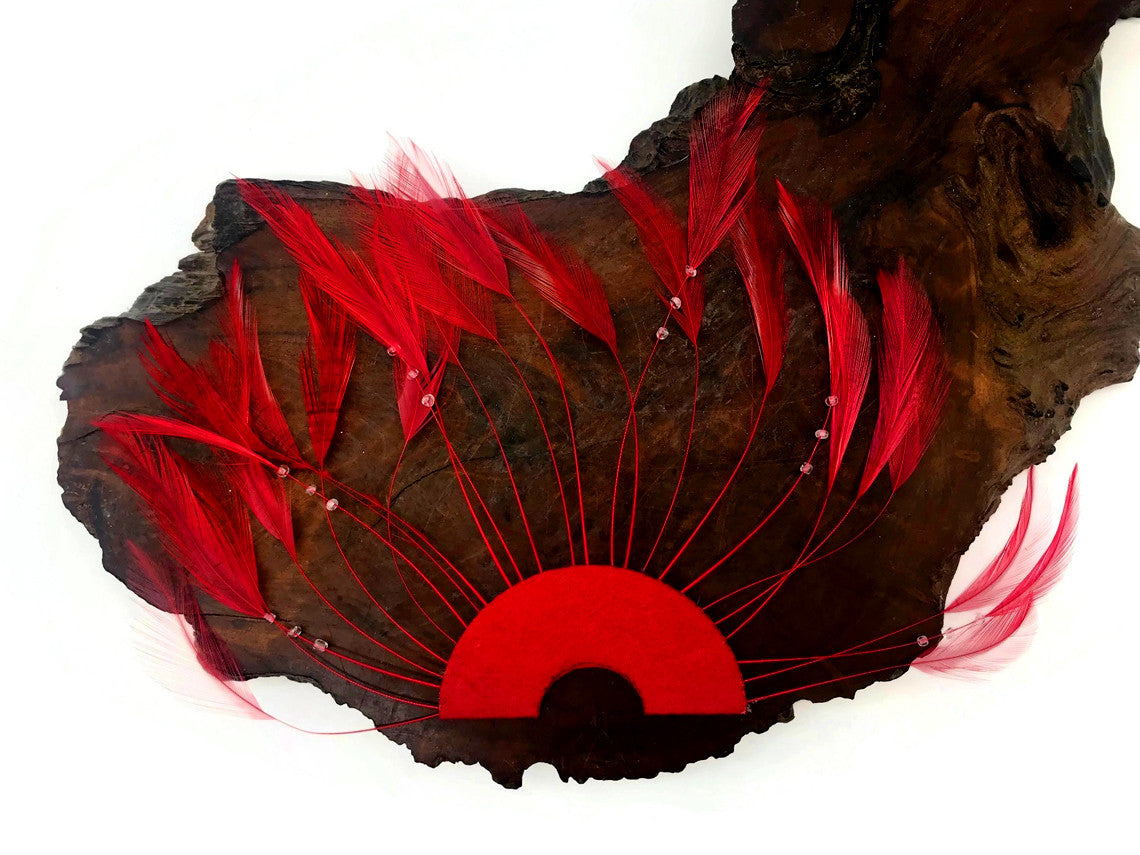 1 Piece - Red Half Beaded Pinwheel Stripped Rooster Hackle Feather Pads