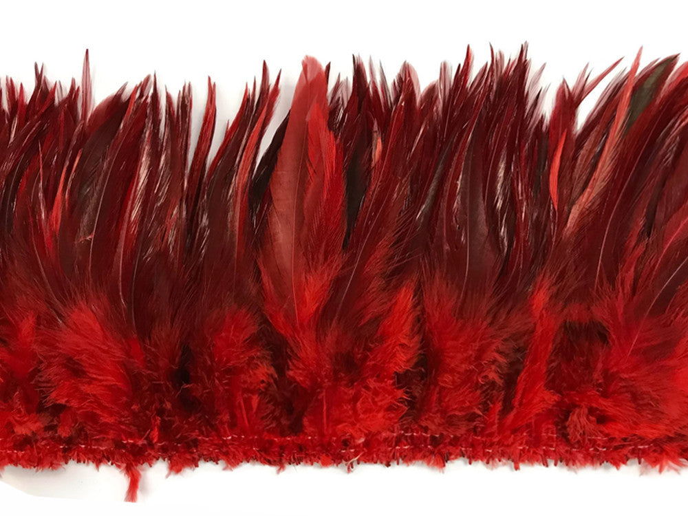 4 Inch Strip - 6-7" Red Dyed Over Natural Strung Chinese Rooster Saddle Feathers 