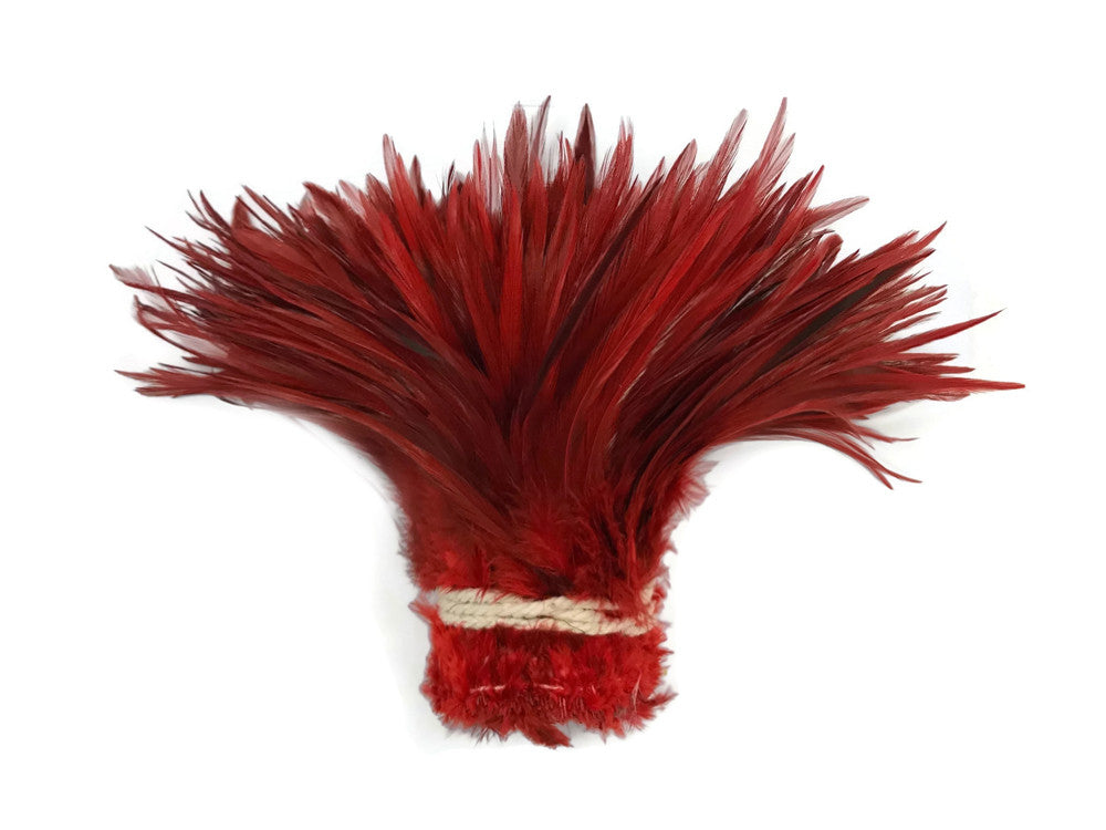 1 Yard - 6-7" Red Dyed Over Natural Strung Chinese Rooster Saddle Wholesale Feathers (Bulk) 