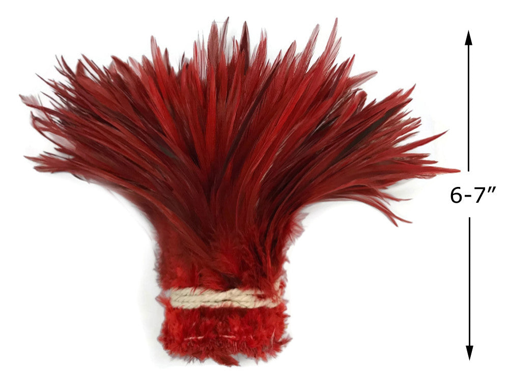 4 Inch Strip - 6-7" Red Dyed Over Natural Strung Chinese Rooster Saddle Feathers 