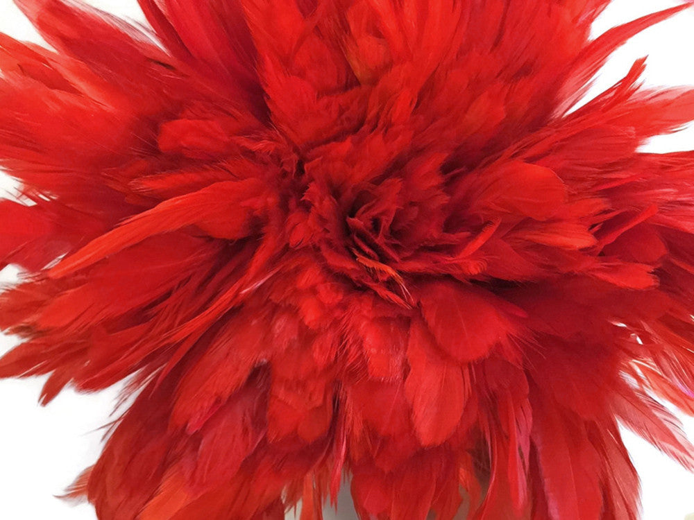 4 Inch Strip - Red Bleached & Dyed Strung Rooster Schlappen Feathers