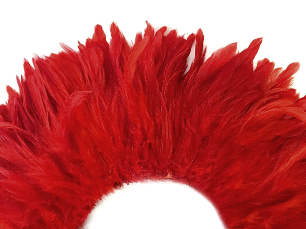 4 Inch Strip - Red Bleached & Dyed Strung Rooster Schlappen Feathers