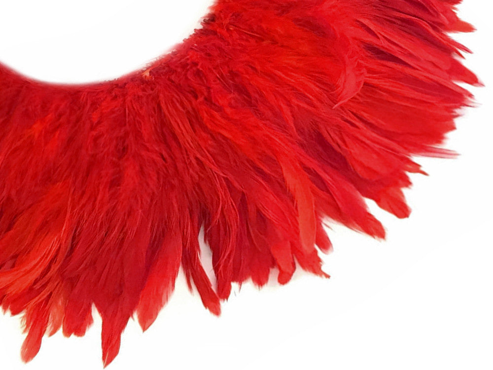 4 Inch Strip - Red Bleached & Dyed Strung Rooster Schlappen Feathers