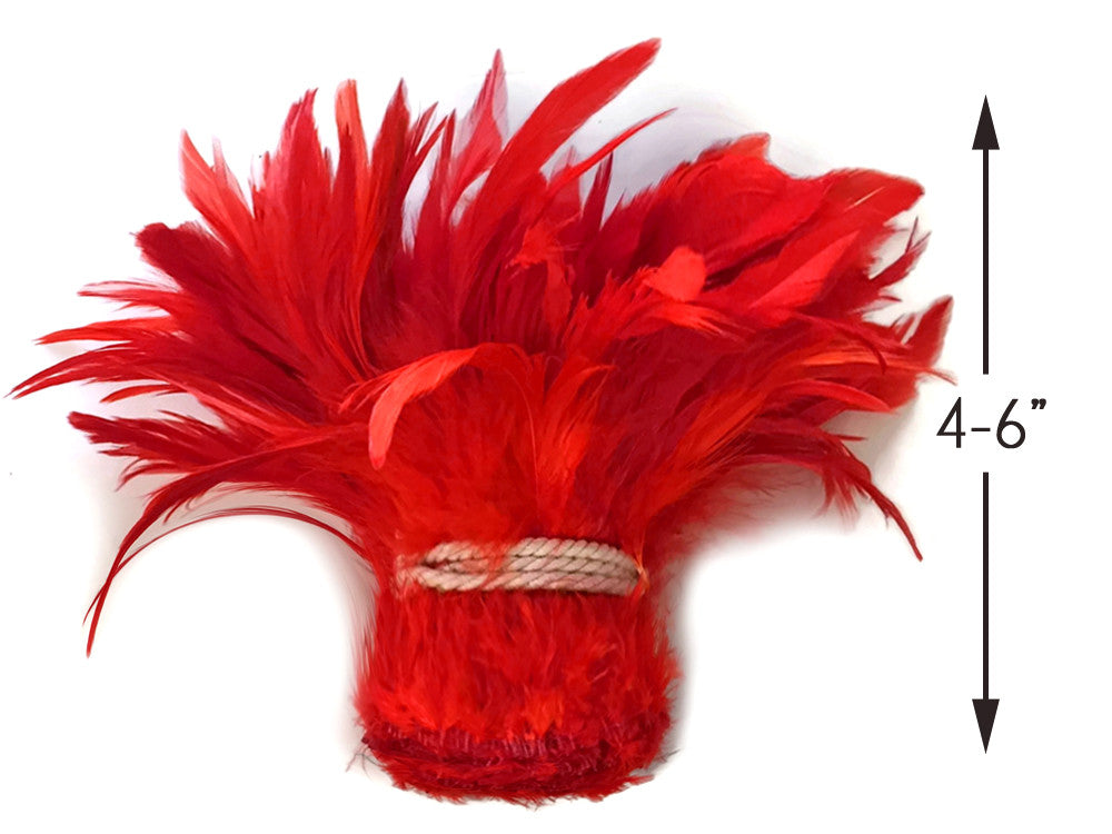 4 Inch Strip - Red Bleached & Dyed Strung Rooster Schlappen Feathers