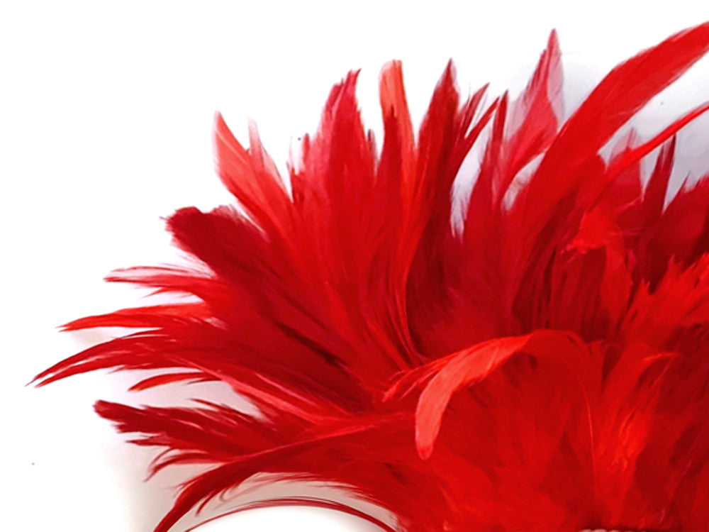 4 Inch Strip - Red Bleached & Dyed Strung Rooster Schlappen Feathers