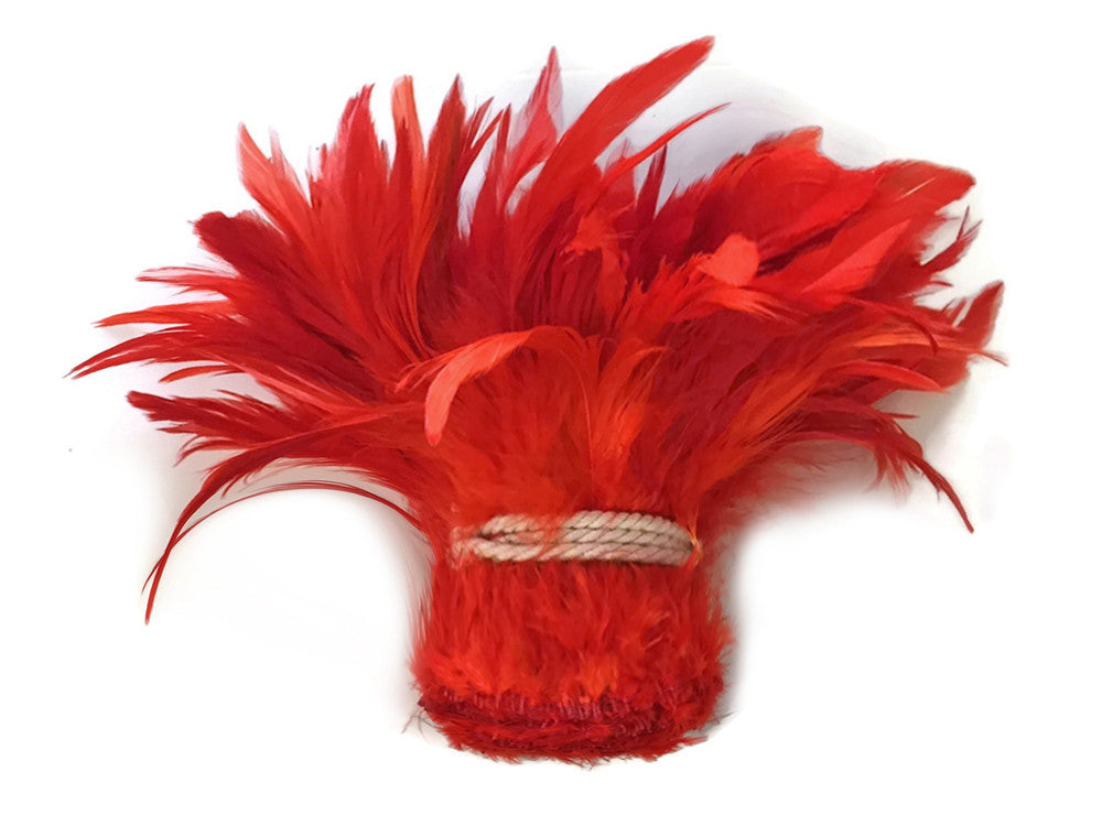 4 Inch Strip - Red Bleached & Dyed Strung Rooster Schlappen Feathers