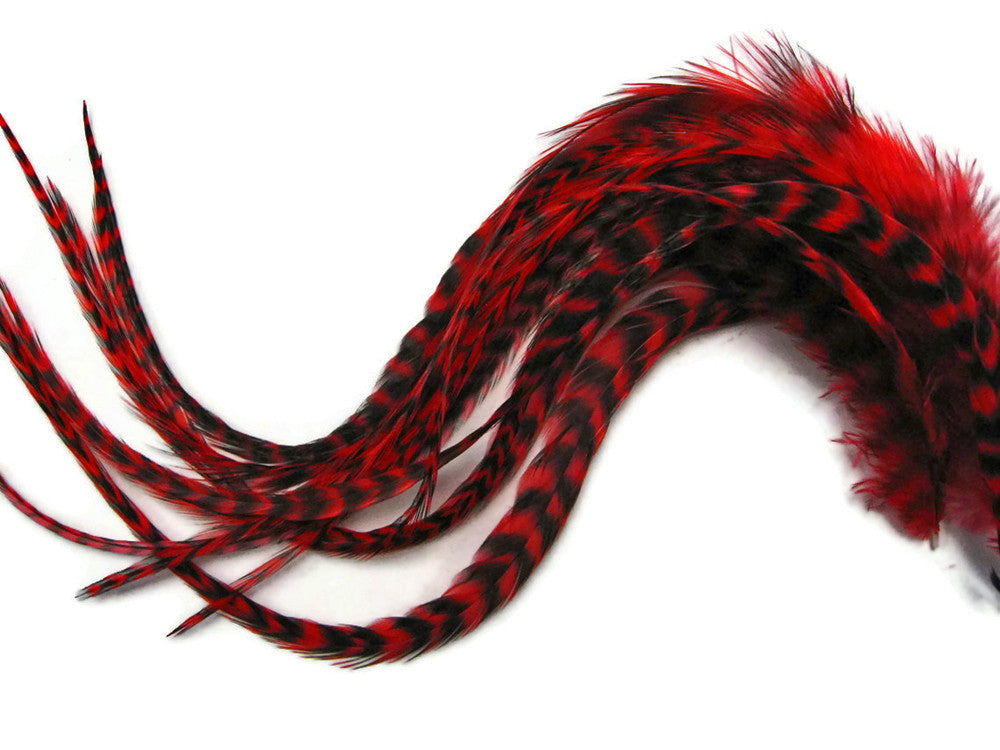 6 Pieces - Red Thick Long Grizzly Rooster Hair Extension Feathers