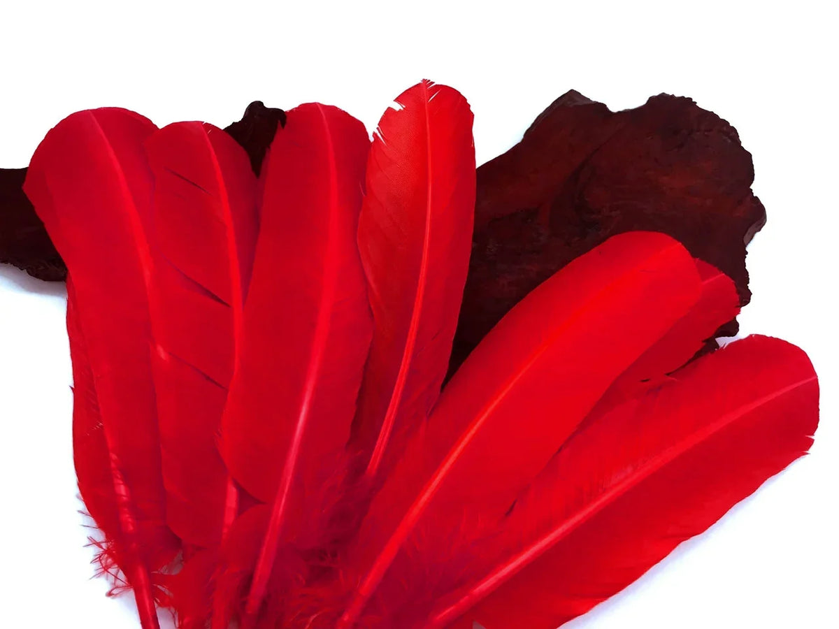 Vibrant red craft feathers for DIY fashion and decor against a dark background.