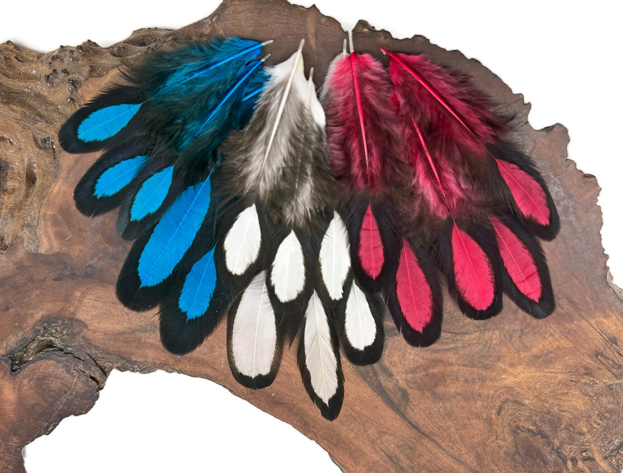 30 Pieces - Red, White, Blue Mix Whiting Farms Laced Hen Saddle Feathers