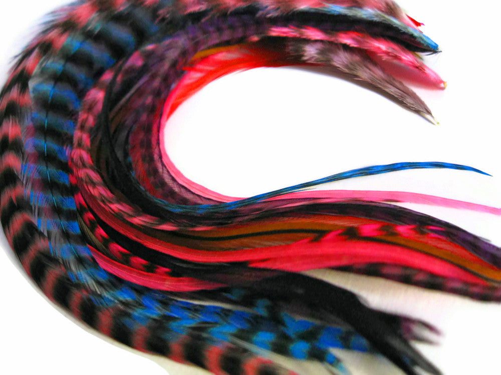 1 Dozen - Medium Royal Blue Grizzly Rooster Saddle Whiting Hair Extension Feathers