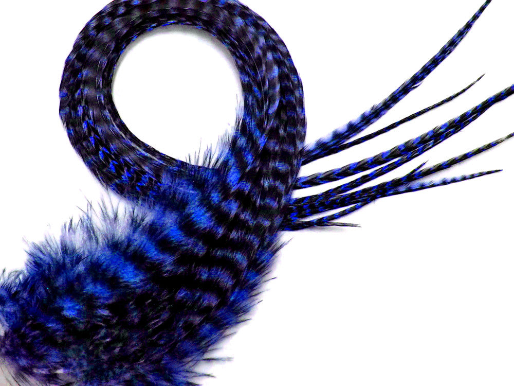 6 Pieces - XL Royal Blue Thick Long Grizzly Whiting Farm Rooster Saddle Hair Extension Feathers