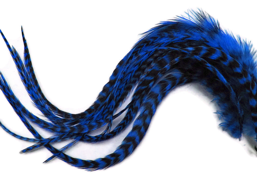 6 Pieces - Royal Blue Thick Long Grizzly Rooster Hair Extension Feathers