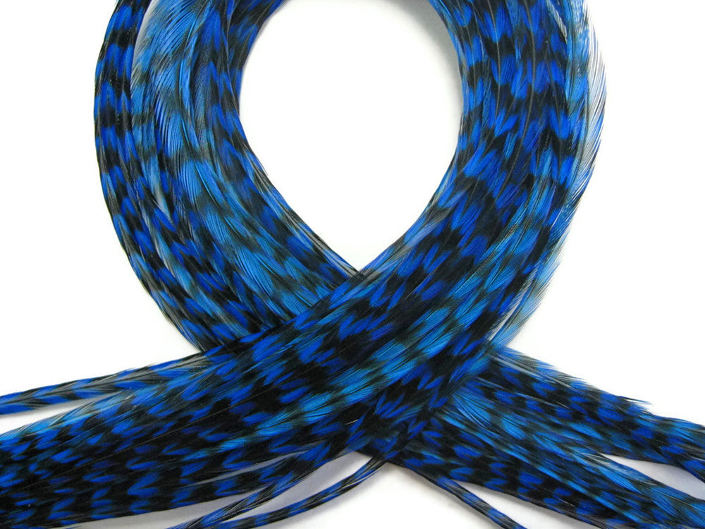 1 Piece - Royal Blue Thin Long Grizzly Rooster Hair Extension Feather & Silicon Bead