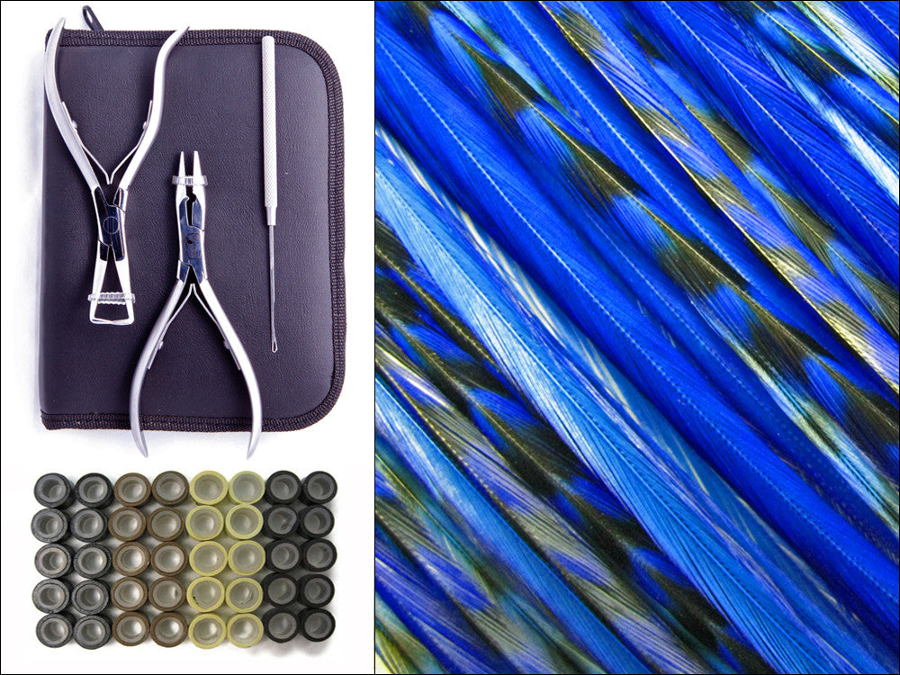 Royal Blue Duo Pack - Hair Extension Whiting Farm Feather Stainless Tool Kit & Silicone Beads 