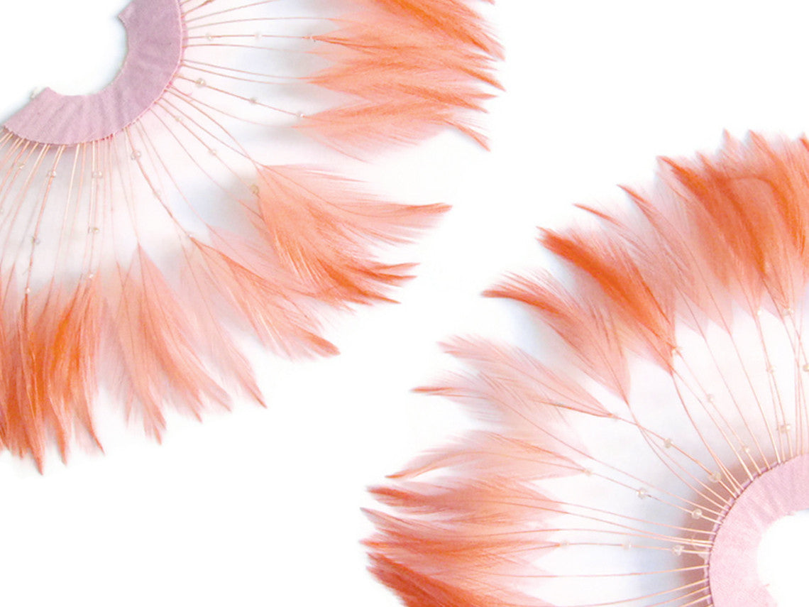 1 Piece - Salmon Pink Half Beaded Pinwheel Stripped Rooster Hackle Feather Pads