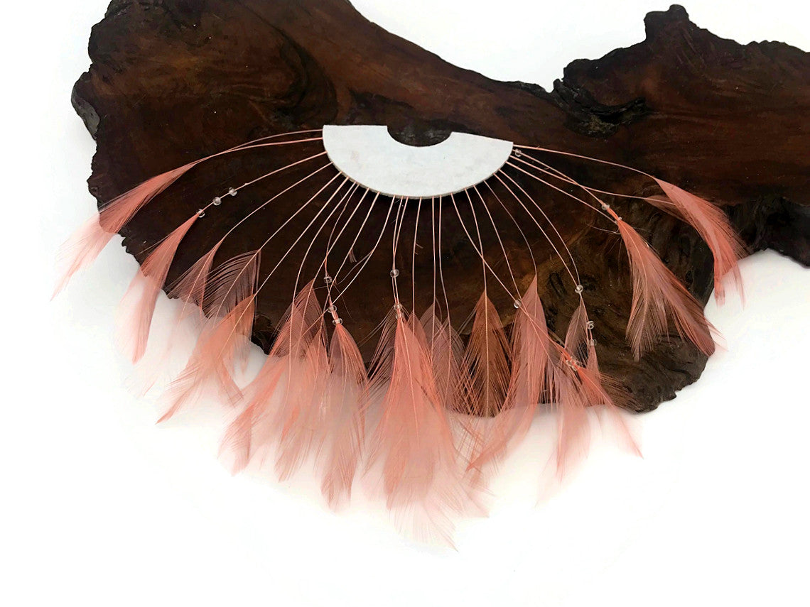 1 Piece - Salmon Pink Half Beaded Pinwheel Stripped Rooster Hackle Feather Pads