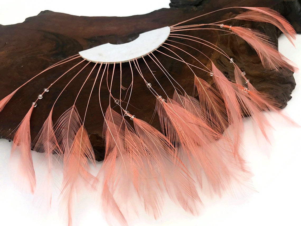 1 Piece - Salmon Pink Half Beaded Pinwheel Stripped Rooster Hackle Feather Pads