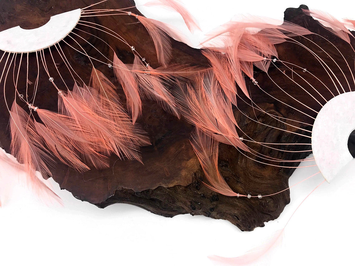 1 Piece - Salmon Pink Half Beaded Pinwheel Stripped Rooster Hackle Feather Pads