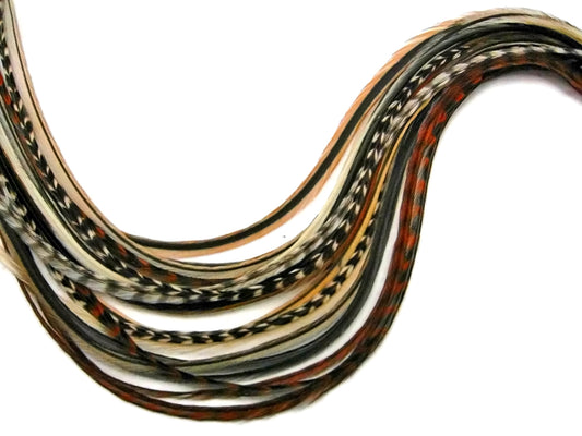 12 Strands - Sandy Mix Thin Long Grizzly Whiting Farm Rooster Salon Hair Extension Feathers