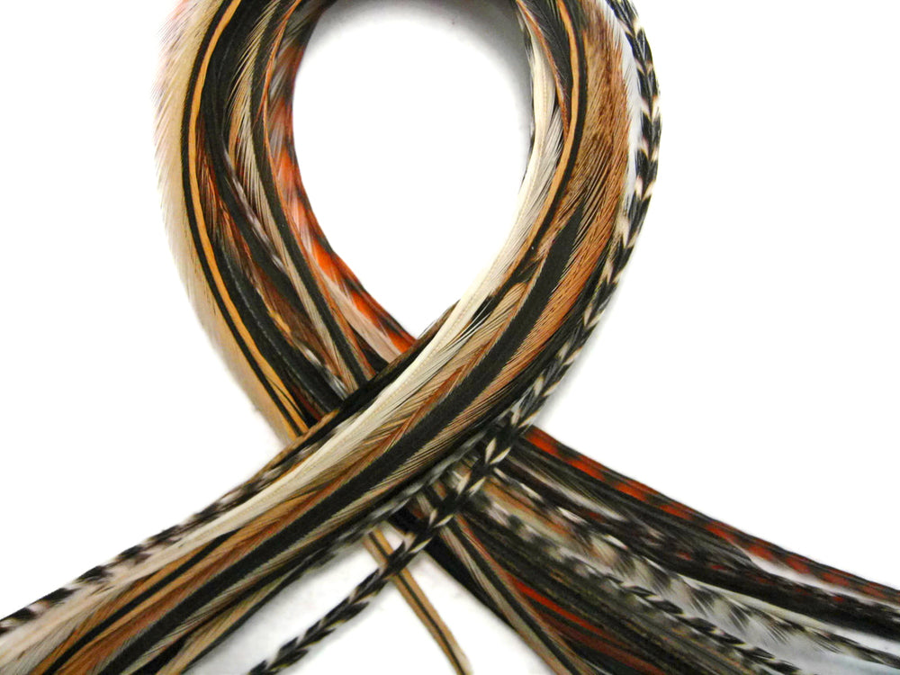 12 Strands - Sandy Mix Thin Long Grizzly Whiting Farm Rooster Salon Hair Extension Feathers